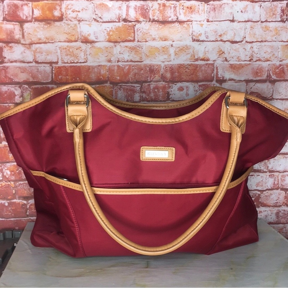 Ellen Tracy Red and Tan Nylon Laptop Shoulder Bag